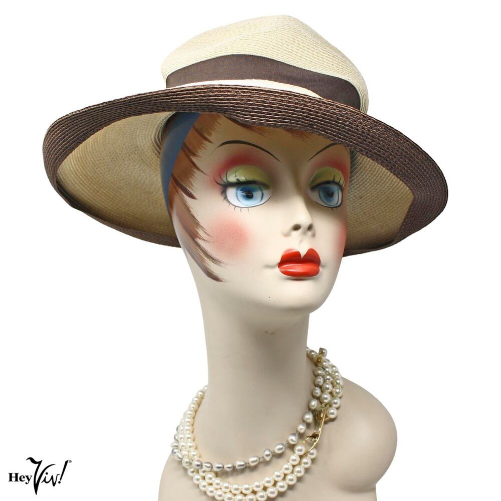 Vintage Wide Brim Straw Sun Hat Cream Brown Ribbon Summer Resort Chic - Hey Viv